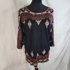 RUBY RD Size Large Rayon Blend Floral Bateau Neck Dolman Soft Knit Sweater Tunic